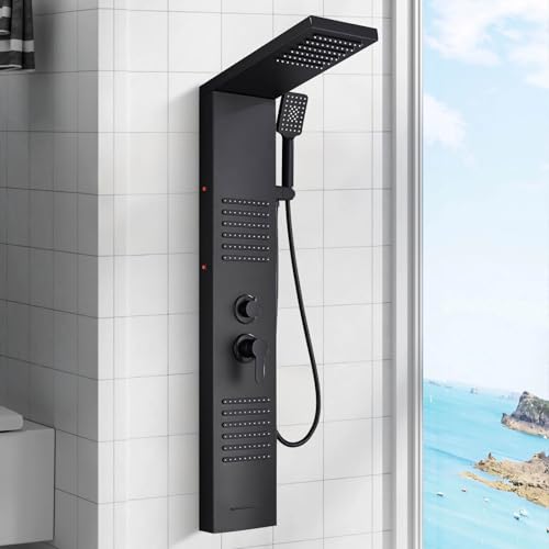 Cesinkin Duschpaneel mit Armatur Multifunktionale Duschsysteme Schwarz mit LED Wandhängende Duschpaneele Edelstahl Mit Regenschauer Massagedüsen Handbrause Wannenauslauf Cesinkin Duschpaneel mit Armatur Multifunktionale Duschsysteme Schwarz mit LED Wandhängende Duschpaneele Edelstahl Mit Regenschauer Massagedüsen Handbrause Wannenauslauf