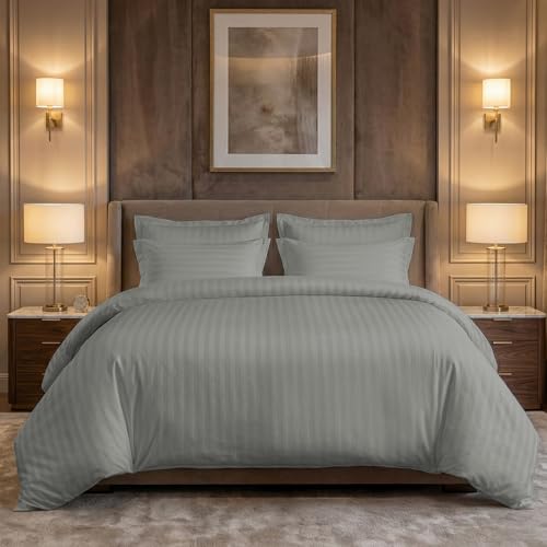 Image of LINENWALAS Cotton 300 Thread Count Single Size Bedsheet Set | 2 cm Sateen Stripe Design | Cloud-Soft, Breathable & Skin-Safe |Oeko-TEX Certified Hotel-Style Bedding (60 x 90, Silver Grey)