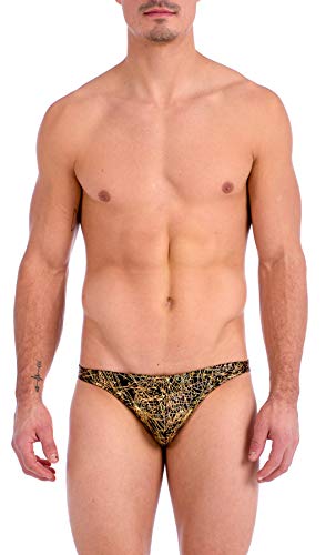 Gary Majdell Sport Mens Print Contour Pouch Bikini Swimsuit (X-Large, Flick BLK GLD)