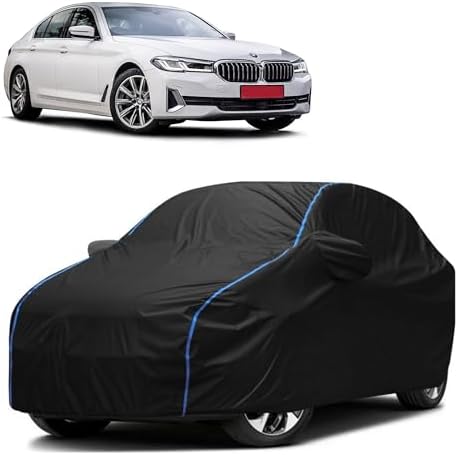 FAVY All Weather Resistant Car Body Cover Compatible with BMW 525i Scratch Proof, Anti-Dust, UV Protection with Windproof Buckle Strap and Mirror Pockets, Bottom Elastic Fitted-Black