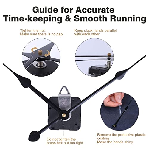 Emoon High Torque Clock Movement Mechanism With 11 Inch Long Spade Hands, Quartz Clock Motor Kit For Custom Repair Clock, Total Shaft Length 7/8 In (Black) #TOP4