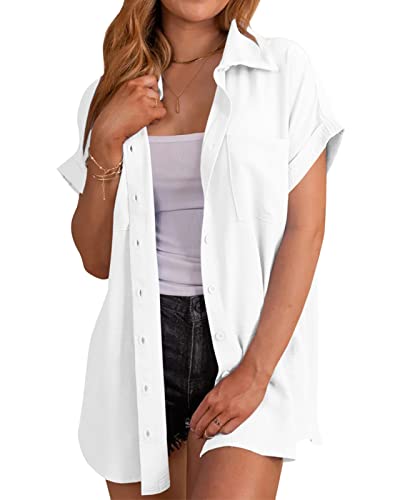 MaQiYa Womens Short Sleeve Button Down Shirts Casual Loose Fit Su...