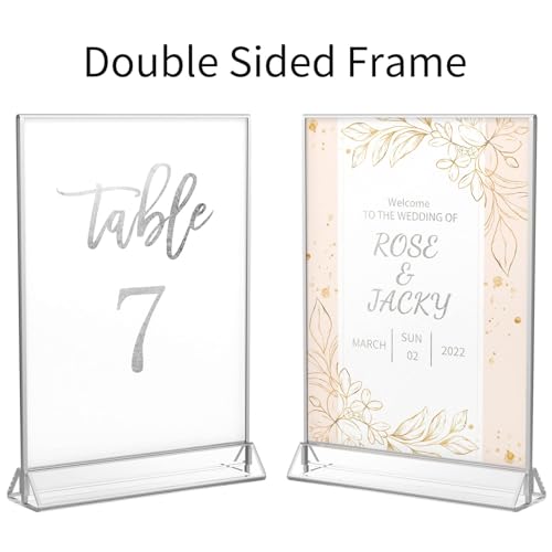 niubee 6pack 5x7 clear acrylic sign holder with sliver borders and vertical stand double sided table menu holders picture frames for wedding table numbers restaurant signs photos and art display