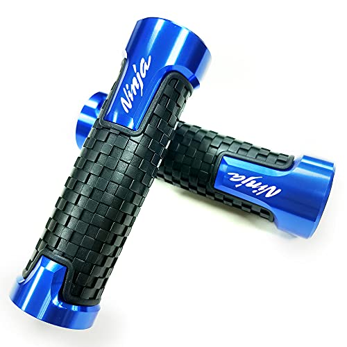 Kyobusa Blue Carbon Look Aluminum Motorcycle 22Mm Engraved Handle Bar Rubber Gel Hand Grips Cnc Bar End 7/8 Inch Compatible With Kawasaki Ninja 300 400 650 250 1000 Zx6R Zx10R Zx12R Zx14R 650R 250R cover