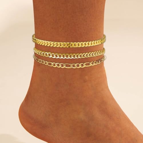 Image of Silver Ankle Bracelets for Women Waterproof Stainless Steel Anklet Adjustable Layered Cuban Silver Anklets Set Summer Beach Foot Jewelry Gift