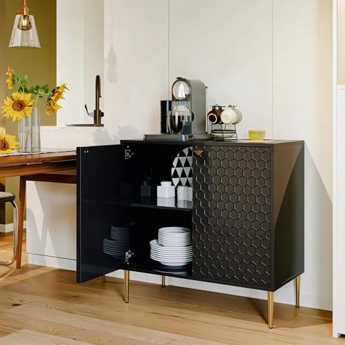 Image of Hexagon Pattern Wooden Sideboard Cabinet 2 Door Storage Unit with Metal Legs | Premium HDMR Wood Console Cabinet for Living Room, Kitchen & Dining | DIY Leg Assembly(Black)