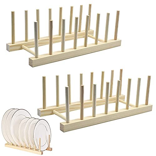 Qanye 2 Piezas Soporte de Platos Madera, Soporte Plato Madera Bambú, Escurridor de Platos de Bambú, Bandeja de Goteo Estante, para Colocar Vajillas, Tazas, Tablas de Cortar, CD, Libros