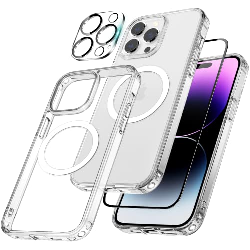ZUSLAB 【4 en 1】 Coque Transparente magnétique Compatible avec Apple iPhone 14 Pro Max 6,7'' 2022, 【1 Film Protecteur d'écran en PMMA】 【1 Cache d'objectif d'appareil Photo】, Transparent Cover