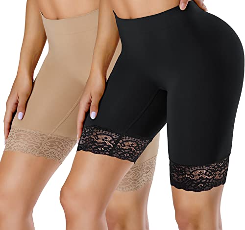 Riliam 2 Pack Women Lace Slip Shorts For Under Dresses Smooth Seamless Anti-Chafing Underwear Spanks Thigh Slimmer(Black+Nude,X-Large) #TOP4