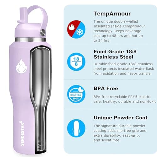 Image of SENDESTAR 40oz Water Bottle Wide Mouth Stainless Steel Vacuum Insulated Double Wall with 2 Straw Lids Fit in Any Car Cup Holder
