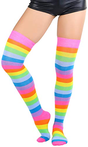 Image of ToBeInStyle Women's Bright Vibrant Rainbow Striped Thigh High Rave Stockings