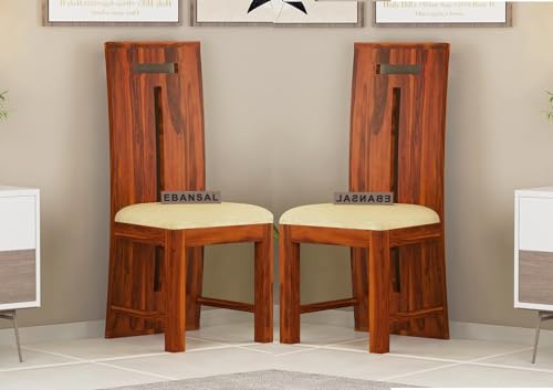 Image of T-Poster Wooden Dining Chairs Set of 2 for Kitchen & Dining Room, Chairs with Cushion, Two Seats, Solid Sheesham Wood, Honey Finish