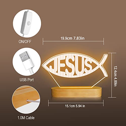 Image of Attivolife Jesus Fish Shape 3D Night Light, LED Wooden Illusion Optical Warm Color Table Lamp, Best Room Decoration Birthday Christmas Religious Christian Mothers Day Gifts for Women Man Friend