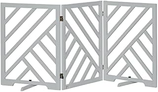 PawHut Dog Gate Freestanding Pet Gate Folding Wooden Puppy Fence Indoor Barrier w/ Two Support Feet, for Doorways, Staircases, Corridors, 76H X 181Wcm - Grey