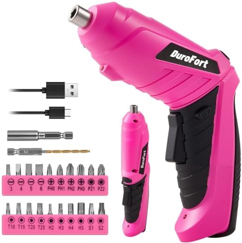 Pink Cordless Electric Screwdriver Set, 3.7V Rechargeable Small Electric Drill with 25pcs Driver Bit Set, Power 3Nm Screw Gun with 2 Position Handle, Flexible Shaft LED Light for Women