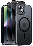 Qasyfanc Coque Magnétique pour iPhone 14 6,1 Pouces avec 2 Verre Trempé Anti-Espion, Compatible avec MagSafe, Étui Mat Translucide Arrière Housse Antichoc Anti-Rayures, Noir