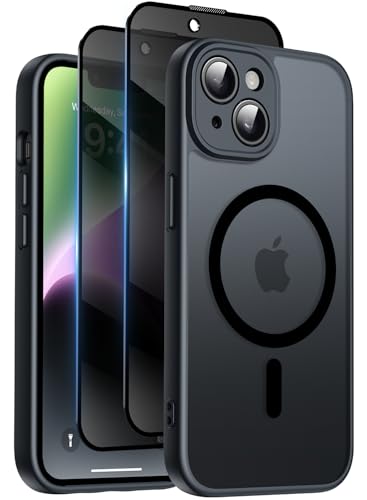 Qasyfanc for iPhone 14 Case with MagSafe Privacy Screen Protectors X2 [Camera Protection] [15FT Military Drop Protection] Magnetic Translucent Matte Back Shockproof Phone Cover 6.1 Black