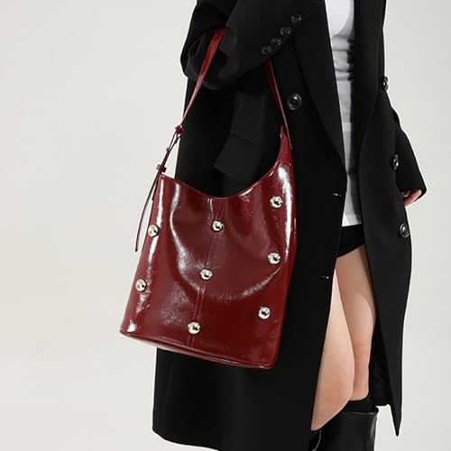 Elegant Slouchy Shoulder Bucket Bag for Women Rivets Beads Studded PU Leather Underarm Handbag with Spacious Interior3