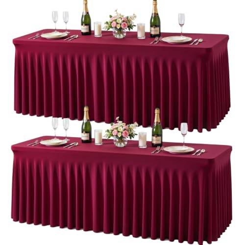 gogoparti 2 Pack Spandex Burgundy Fitted Table Cloth for 8ft Rectangle Tables Burgundy Stretch Tablecloth Table Covers Banquet Table Clothes Wrinkle Free Table Skirt for Parties Wedding