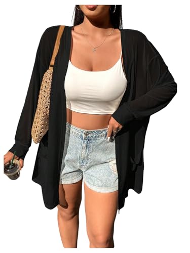 OYOANGLE Women's Plus Size Lightweight Open Front Cardigan Long Sleeve Draped Duster Outerwear with Pocket