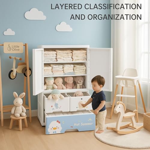 Image of Little Olive Penguin Kids Wardrobe | Multi Drawer Plastic Storage Cabinet for Nursery | Large Cartoon Print Organizer for Clothes Toys and Books (Sky Blue and White 65X38X130 Cm)