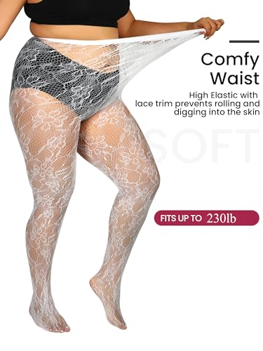 Image of Floral Lace Plus Size Tights High Waist Velvet Pantyhose Sunflower Fishnet Stockings Leggings