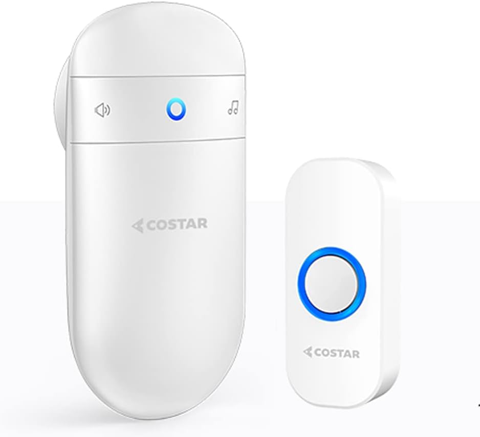 Costar Wireless Door Bell Kits Chime For Home Office With LED Light 300 Meter 1000 Feet Operating Range 32 Ringtones 5 Levels Volume,1 Receiver&1 Push Button Ip44 Waterproof(Pebble T300-M508 Black)