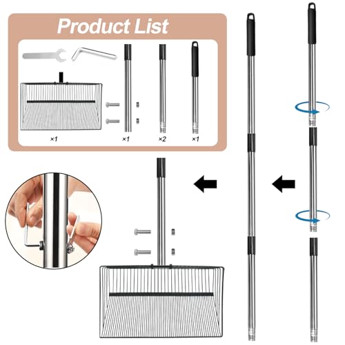 Image of 15 inch Large Chicken Poop Scooper and Rake for Sand for Shavings 74 inch Heavy Duty Pooper Scooper Long Handle Chicken Coop Scoop for Cleaning Tools 5-in-1 Sifting Shovel for Chicken Scoop supplies