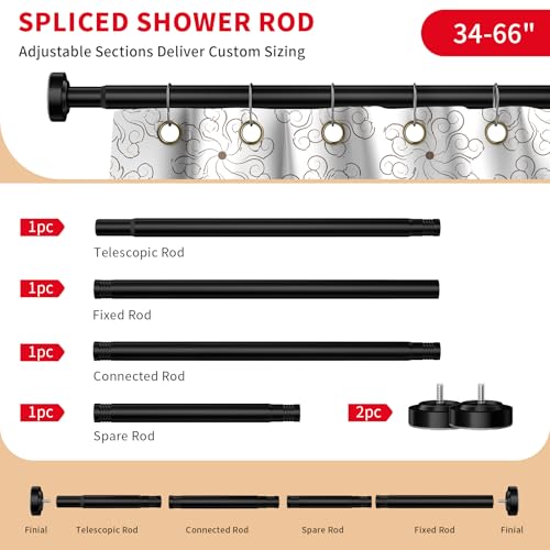 Image of Black Shower Curtain Rod 34-66 Inches Never Rust Stainless Steel Tension Curtain Rod Adjustable Shower Rod Spring Tension Non-Slip No Drilling Shower Rods for Bathroom Window