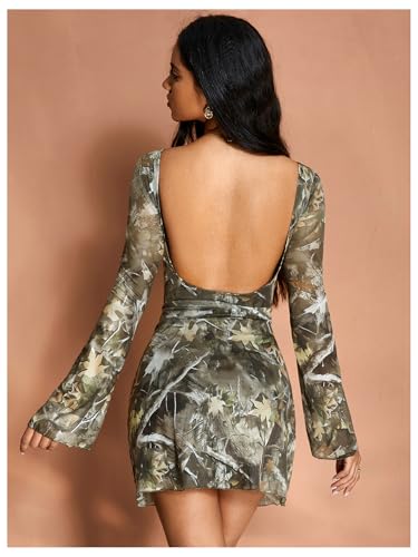 Image of MakeMeChic Women's Cheetah Print Mini Dress Y2k Bell Sleeve Leopard Print Dress Going Out Outfits