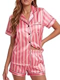 Picture of LYANER Women's Striped Satin Silky Pajamas Set Short Sleeve Button Shirt with Shorts Pjs Sleepwear Loungewear Coral Pink Large