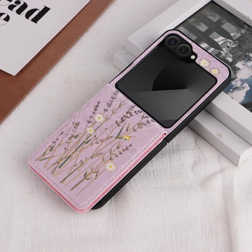 UEEBAI Wallet Case for Samsung Galaxy Z Flip 6/Z Flip 5 with Card Holders, PU Leather Cover Kickstand RFID Blocking Double Magnetic Clasp Rilievo Flower Flip Case for Women Girls - Pansy