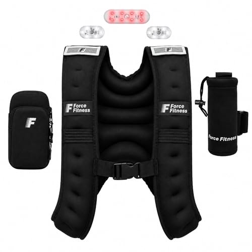 Force Fitness Weighted Vest with Water Bottle & Phone Pouch | Running Vest with Front & Back LED Safety Lights | Adjustable Weight Vest For Runners Night walking Road & Trail (4kg)