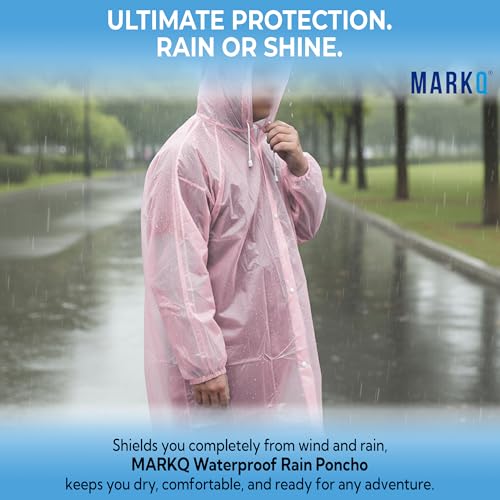 MARKQ Rain Poncho for Adults – Reusable Lightweight Waterproof EVA Material with Hood & Drawstring Foldable & Tear-Proof Design for Outdoor Activities Camping & Emergency Use Assorted Pink, One Size