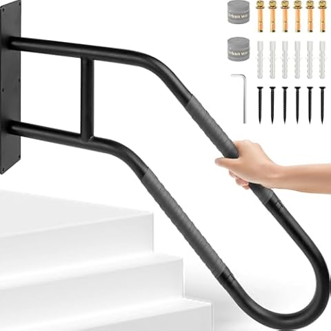Handrails for Outdoor Steps Stair Railing Indoor, 1 to 3 Steps Stairs Wall Mounted Metal U-Shaped Safety Grab Bar Handrail for The Elderly, Kids, Disabled, Pregnant Women, Upgrade 1 Pack, Black Cover