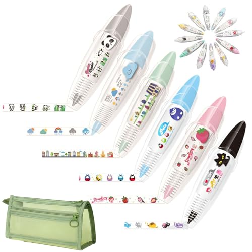 DIY Cute Animals Press Type Decorative Pen, 6PCS Lace Correction Tape Roller Pen,DIYかわいい動物プレスタイプ装飾ペン、6PCSレース修正テープローラーペン、子供の大人のため