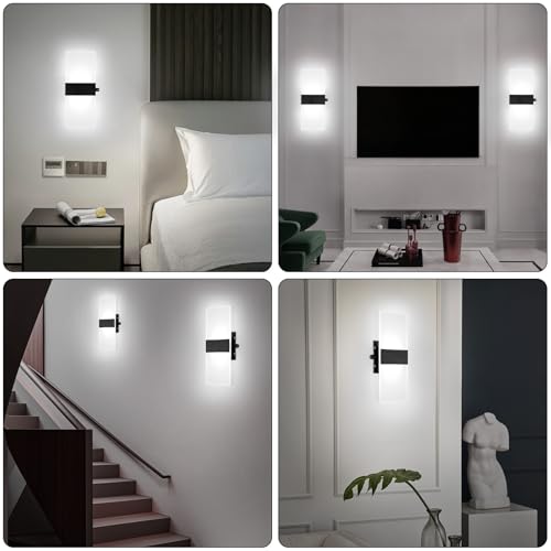 Image of Lightess Hardwired Wall Sconce with Switch, Black, 12W, Cool White, 1 Pack | Indoor Wall Light, Dimmable, Modern Acrylic Wall Mounted, For Hallway Stairway Bedroom