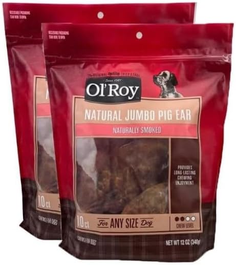 (2 Pack) - Ol's-Roys Natural Jumbo Pig Ear Natural Chews for Dogs, Non-Ttoxic Pork Hide - 10 Count, 12 Oz.