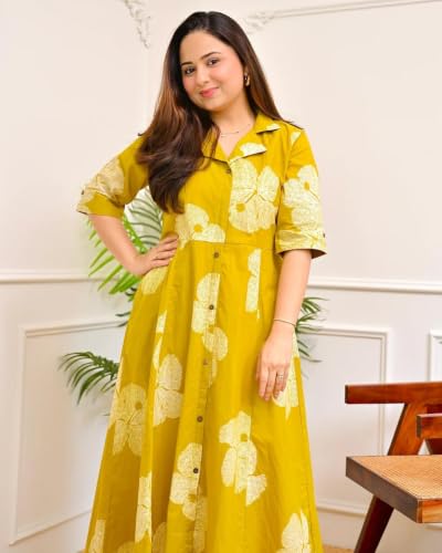Image of Womens Printed Rayon Anarkali Shirt Collor Kurta for Girls Regular Fit Casual Wear Gown