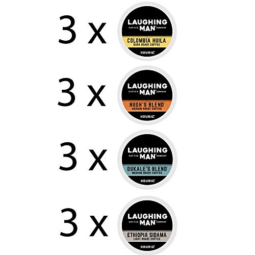 Laughing Man Coffee K-Cup Sampler - 4 flavors - 3 k-cups each - Columbia, Dukales, Ethopia & Hughs Blend