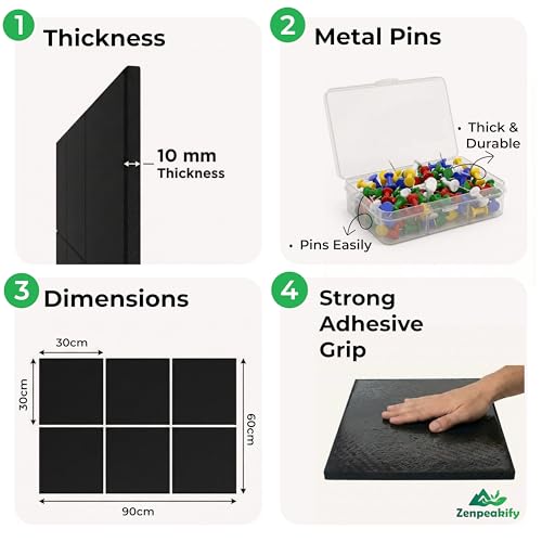 Image of Bulletin Board - 6 PCS Self Adhesive Notice Board for Office with 50 Push Pins, 30x30 cm Pin Board Set for Study Room, Vision Board and Display Board for office, Soft Board for Study Table.