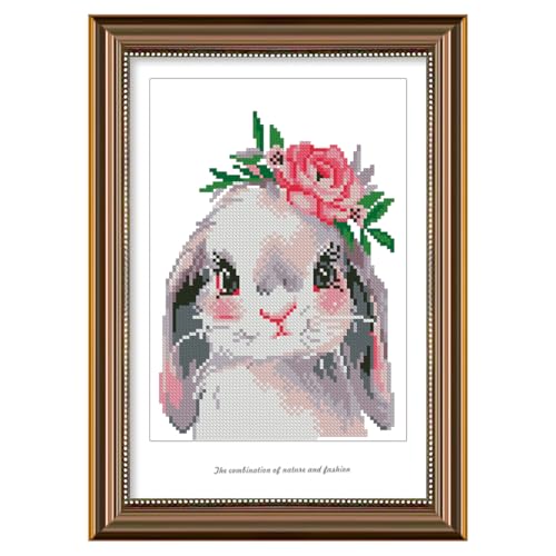 Image of Zhenqing Animal Cross Stitch Kit - Cute Rabbit Design, 11 Count, 9.8x13.8 Inch, Stamped Pre-Printed Pattern, DIY Beginner Embroidery Kit for Home Decor & Gifts (67529)