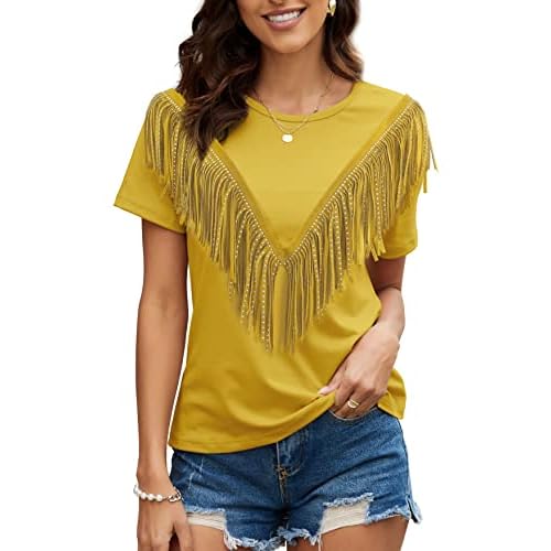 PESION Women's Fringe Trim Shirts Short Sleeve Tassel Trim Blouse T-Shirt Tops XX-Large Yellow