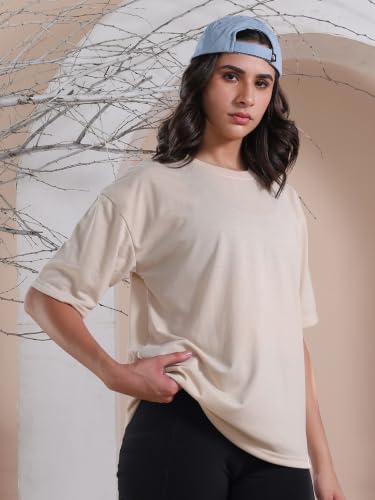 Image of CHKOKKO Oversized Round Neck Drop Shoulder Solid Polyester Full Sleeves T-Shirt for Women