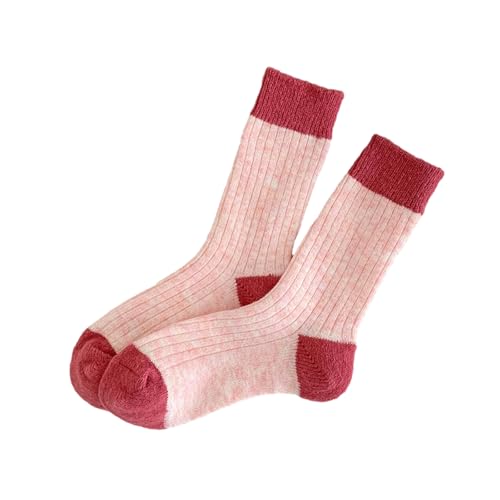 chanstore 5 Pairs - Autumn and Winter Color-Blocked Thick Warm mid-Tube Cashmere Socks, Fresh and Versatile Pile Socks - Pink - One Size fits All