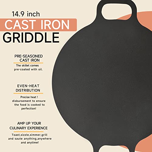 Keleday 15 Inch Cast Iron Grill/Griddle,Nonstick Carbon Steel Round Comal With Handles Cast Iron Stovetop,Pre-Seasoned Cast Iron Grilling Wok,Carbon Steel Paella & Griddle Pan - Professional Cookware #TOP5