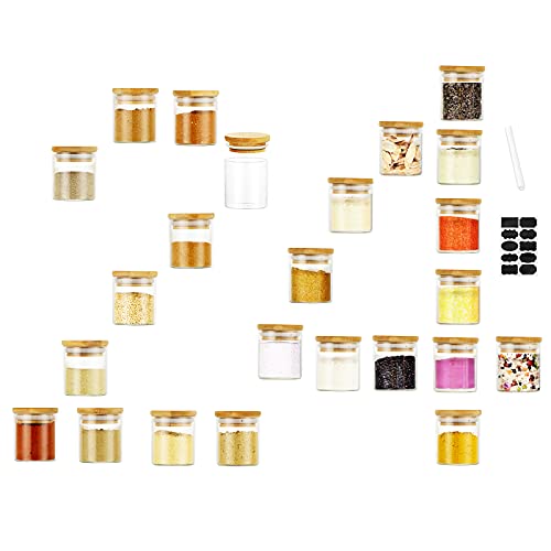 Spice Jars with Bamboo Lids, 2.6OZ 24Pcs Glass Spice Jars with Labels and Whiteboard Pen, Food Storage Containers with Lids, Jars with Lids for Home Kitchen, Coffee Sugar, Tea, Salt, Flour