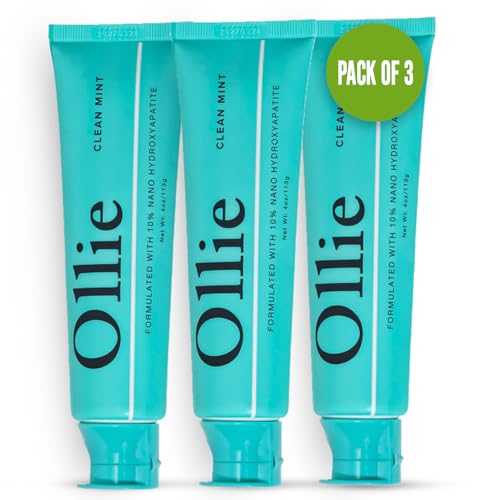 Ollie Clean Mint Nano Hydroxyapatite Toothpaste for Teeth Whitening, 10% Hydroxyapatite Formula, (Pack of 3, 4oz)