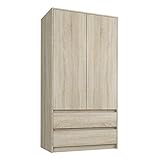 FRAMIRE B-9TIP Kleiderschrank in der Farbe von Sonoma-Eiche, 2-türiger Kleiderschrank, 2 Schubladen, Kleiderschrank für das Schlafzimmer, Wohnzimmer, Flur, 180 x 90 x 51 cm