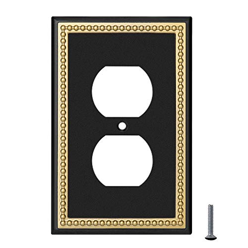 Pearled Frame Decorative Wall Plate Switch Plate Outlet Cover (Single Duplex, 2 Pack, Matte Black & Dark Golden) #TOP5